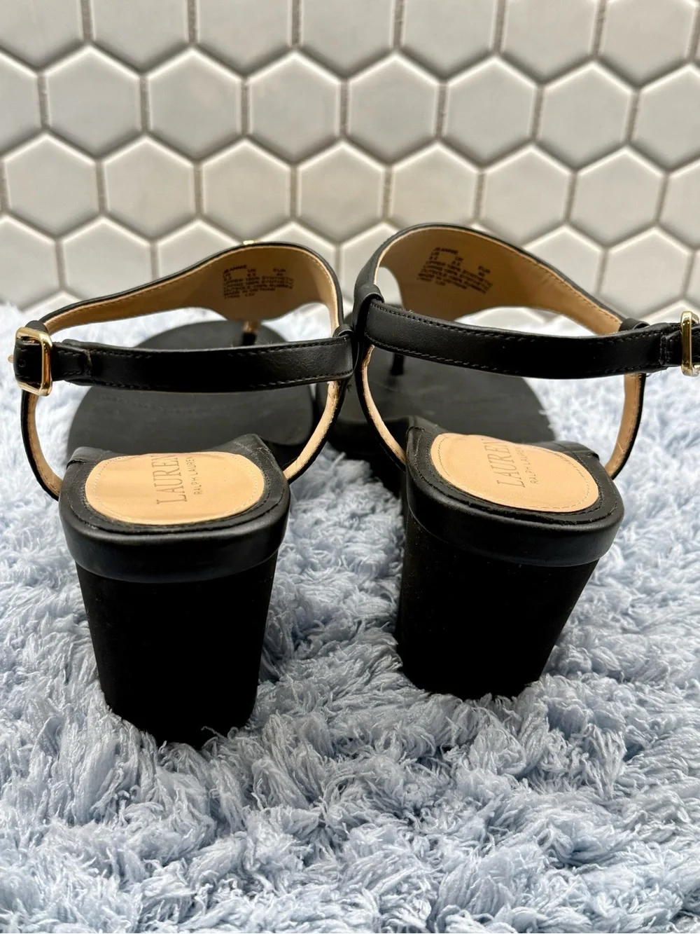 Ralph Lauren Woman’s Black Jeannie Wedge Thong Sandal 3inch heel size 8.5